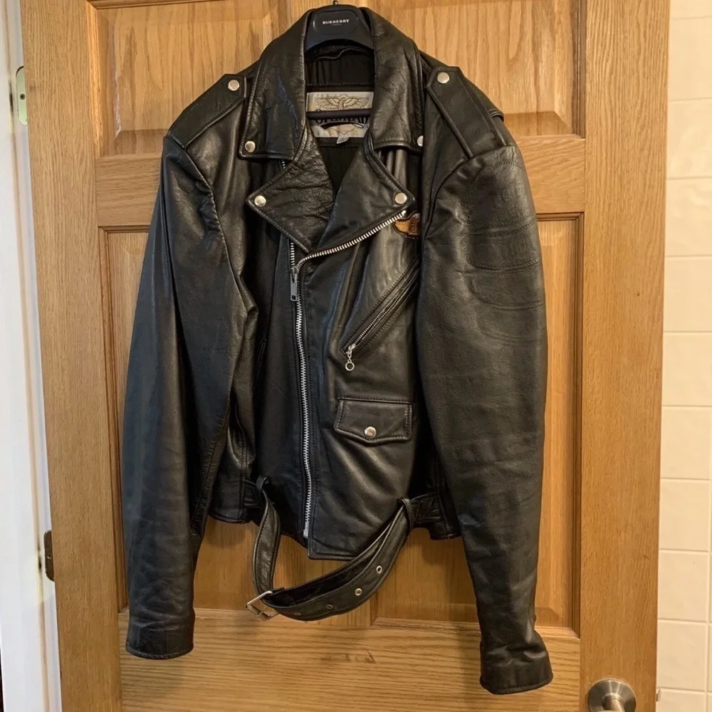Vtg Open Road Black Leather Jacket Harley Davidson Wings Patch Men’s Sz 46 XL